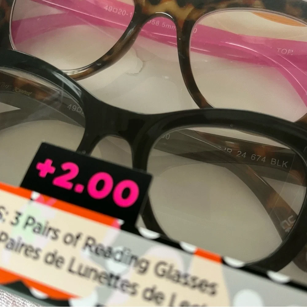 Betsey Johnson 3 Set Reading Glasses 2.00 Black Pink Tortoise Shell Set Chunky